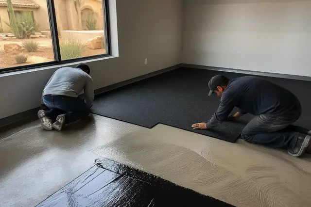 Crew members installing rubber flooring over a moisture barrier in a Phoenix, AZ basement.