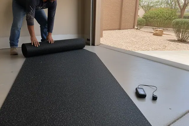 Worker unrolling recycled rubber flooring on a concrete garage floor during moisture testing in Phoenix, AZ.