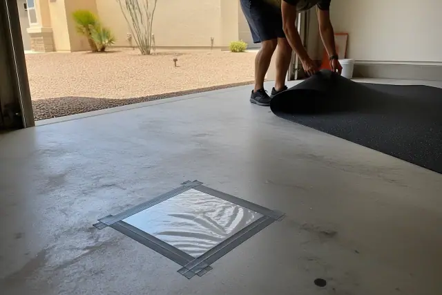 Moisture test patch taped to a concrete garage floor during a construction project in Phoenix, AZ.
