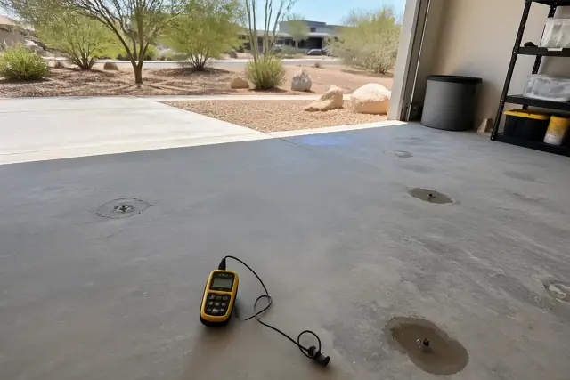 Moisture meter testing on a concrete garage floor in Phoenix, AZ, with desert landscape visible outside.