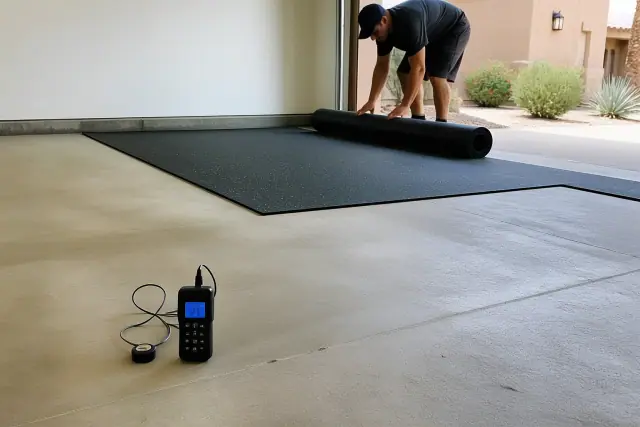 A worker unrolls rubber flooring over a prepared concrete garage slab at a jobsite in Phoenix, AZ.