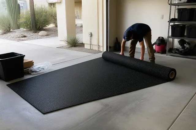 A worker installing rubber flooring on a concrete garage subfloor in Phoenix, AZ.