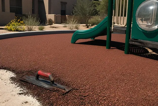 Technician troweling rubber granules around playground equipment for a safety surfacing project in Goodyear, AZ.