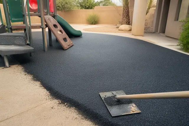Technician troweling rubber playground surfacing around play equipment in Gilbert, AZ.