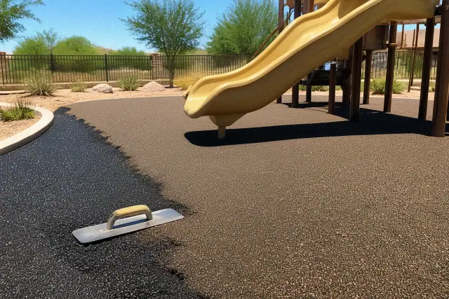 Contractor troweling rubber playground surfacing around play equipment in Scottsdale, AZ.