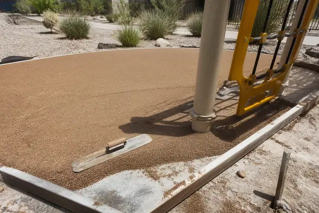 Technician troweling rubber playground surfacing around equipment in Chandler, AZ with desert landscaping.