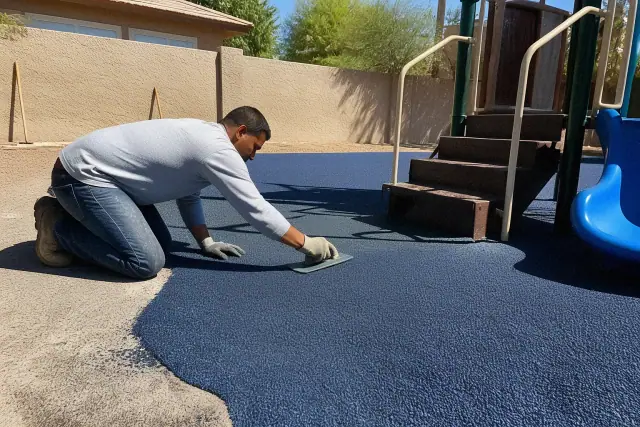A contractor installing rubber playground surfacing near a stucco wall in Mesa, AZ.
