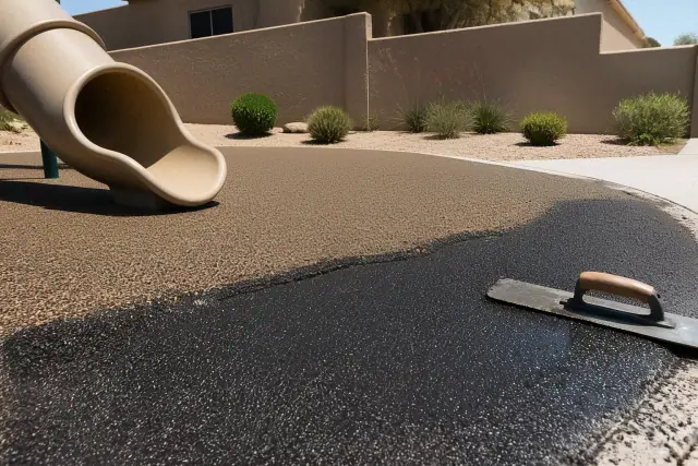 Technician troweling rubber playground surfacing at a job site in Tempe, AZ.
