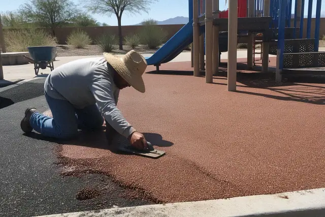 Technician installing rubber playground flooring at a job site in Peoria, AZ.