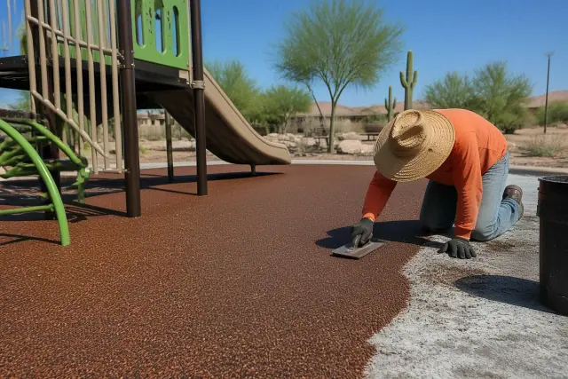 Technician applying rubber playground surfacing around equipment in Surprise, AZ.