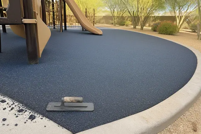 Technician installing seamless rubber playground surfacing next to gravel xeriscaping at a commercial site in Glendale, AZ.