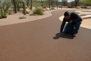 Technician inspecting poured-in-place rubber safety surfacing near desert cacti in Phoenix, AZ.