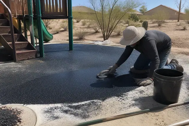 Technician troweling a rubber safety surface around playground equipment in Phoenix, AZ.