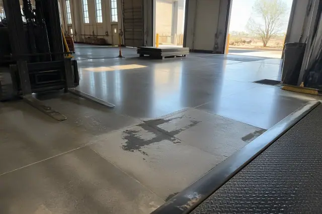 Polished concrete flooring showing wear near a loading dock in a Phoenix, AZ warehouse.