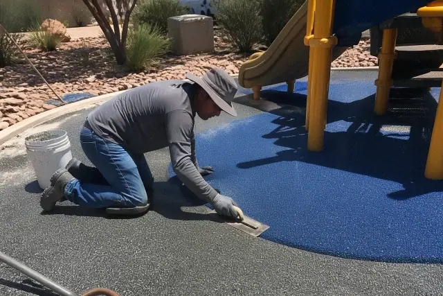A technician troweling EPDM rubber flooring for a play surface repair in Phoenix, AZ.