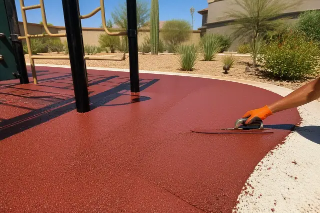 Technician troweling EPDM rubber granules for a play surface installation in Phoenix, AZ.