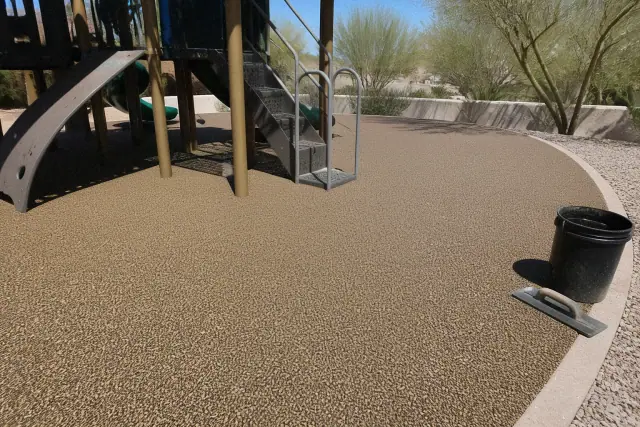 Poured-in-place rubber flooring repair with a trowel and bucket at a commercial playground in Phoenix, AZ.