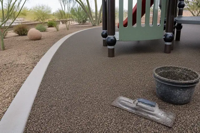 Technician troweling a poured-in-place rubber safety surface at an outdoor playground in Phoenix, AZ.