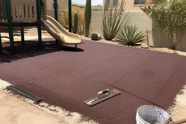 Technician troweling rubber granules for a playground safety surface in Phoenix, AZ.