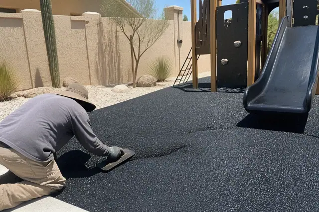 Technician troweling poured-in-place rubber flooring for an outdoor play area in Phoenix, AZ.