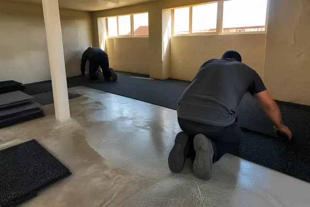 Contractors installing poured-in-place rubber flooring in a Phoenix, AZ basement.
