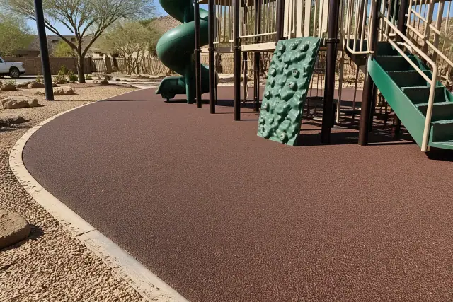 Technician-installed poured-in-place rubber flooring at an outdoor playground in Phoenix, AZ.