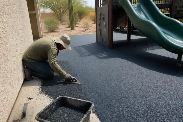 Technician troweling poured-in-place rubber flooring at an outdoor playground in Phoenix, AZ.
