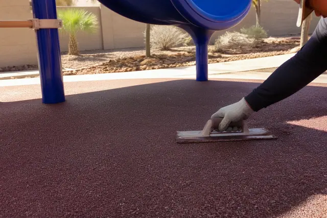 Technician troweling EPDM rubber flooring around play equipment at a job site in Phoenix, AZ.