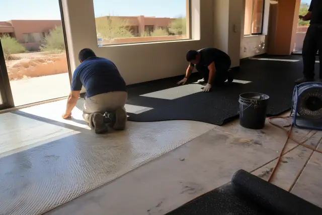 Workers installing poured-in-place rubber flooring in a Phoenix, AZ basement.