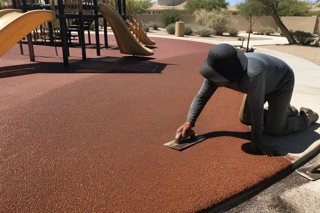 Technician troweling poured-in-place rubber safety surfacing around playground equipment in Phoenix, AZ.