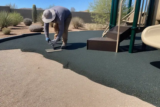 Technician troweling a rubber safety surface base layer at a Phoenix, AZ playground jobsite.