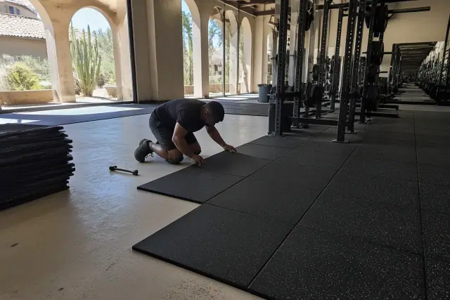 Technician installing heavy-duty rubber floor tiles in a fitness center weight room in Phoenix, AZ.