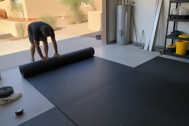 Worker installing recycled SBR rubber flooring in a garage workshop in Phoenix, AZ.