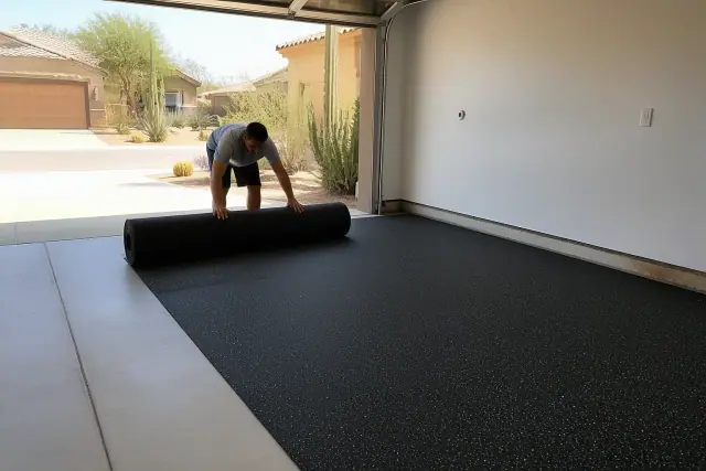 A worker installs recycled rubber flooring on a garage concrete floor in Phoenix, AZ.