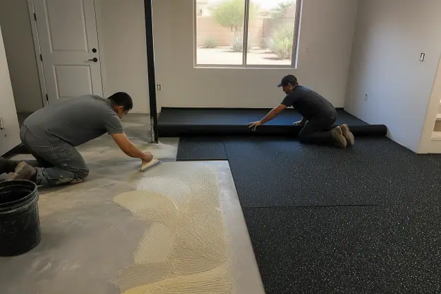 Contractors installing rolled rubber flooring in a Phoenix, AZ basement.