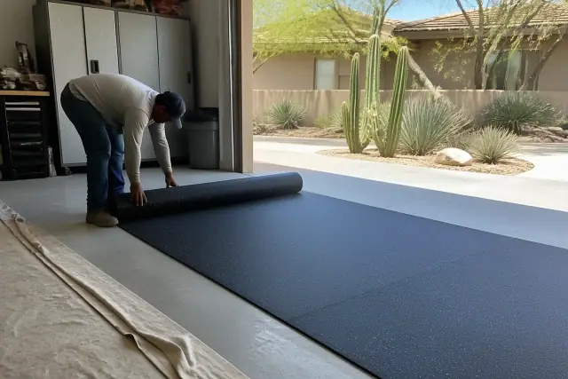 Worker installing rolled rubber flooring in a Phoenix, AZ garage workshop with desert landscaping visible outside.