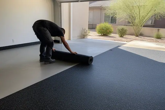 Worker unrolling sheets of recycled rubber flooring in a garage workshop in Phoenix, AZ.
