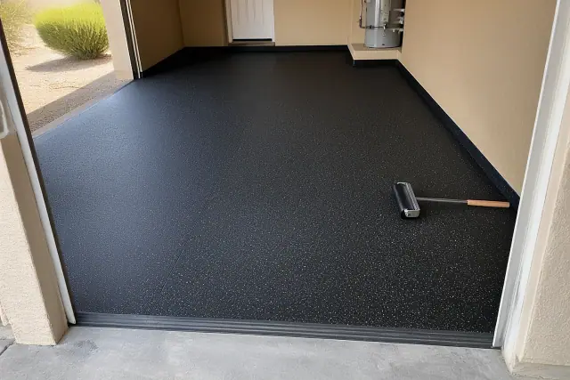 Black rubber flooring installed on a concrete garage floor in Phoenix, AZ.