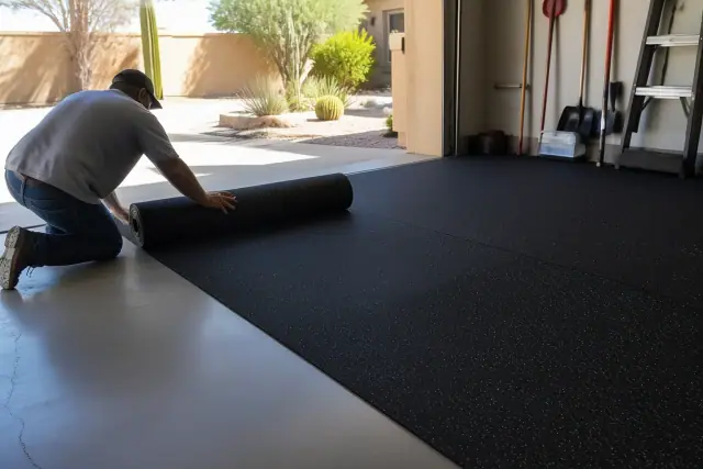 Worker installing rolled rubber flooring in a Glendale, AZ garage workshop.