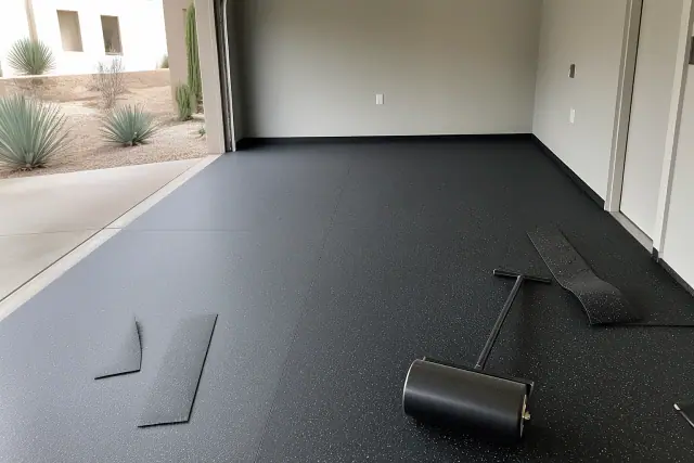 Rolled rubber flooring installed in a residential garage workshop in Scottsdale, AZ.