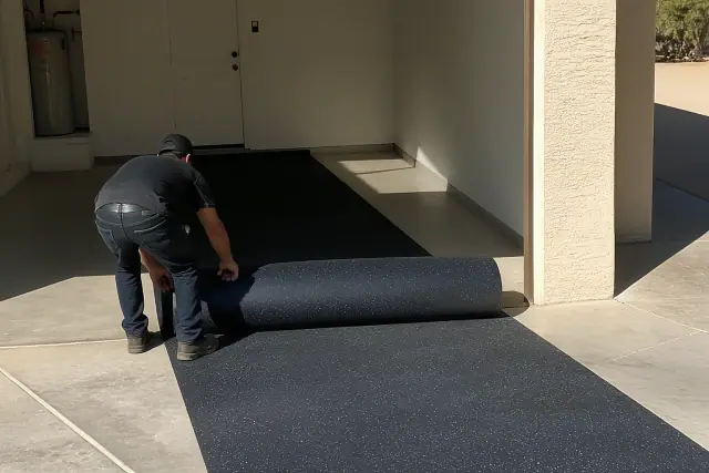 Worker unrolling recycled rubber flooring on a concrete garage floor in Mesa, AZ.