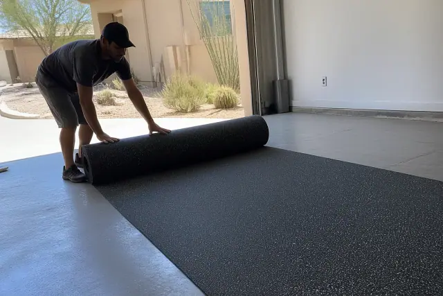 Worker installing recycled rubber flooring in a residential garage in Goodyear, AZ.