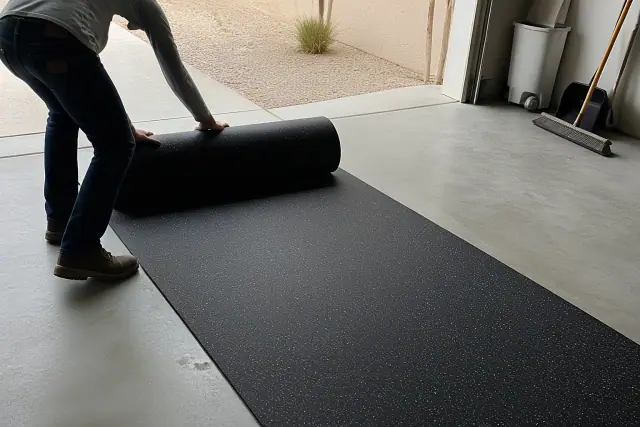 Worker unrolling recycled rubber flooring on a concrete garage floor in Tempe, AZ.