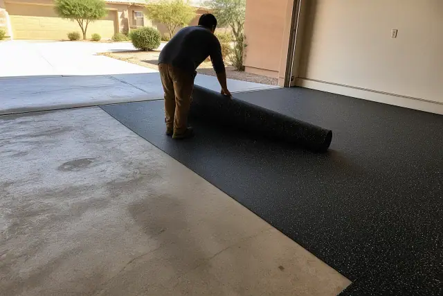 Contractor installing rolled rubber flooring on a concrete garage floor in Chandler, AZ.