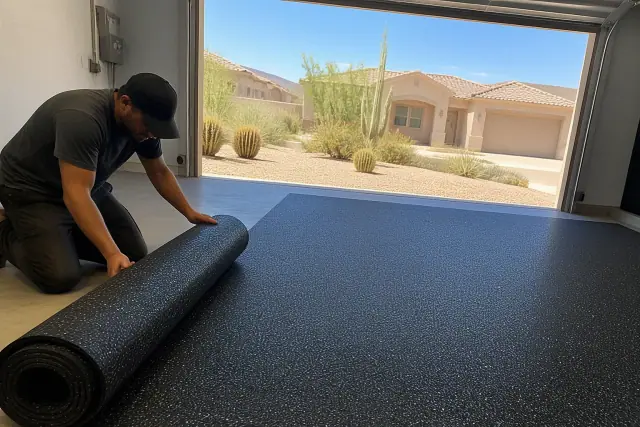 Worker unrolling recycled rubber flooring on a concrete garage floor in Peoria, AZ.