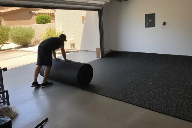 A worker installing rolled rubber flooring in a sunny Phoenix, AZ garage.