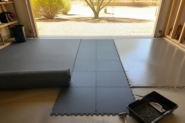 Sample sections of rolled rubber, interlocking tiles, and poured flooring installed in a garage in Phoenix, AZ.