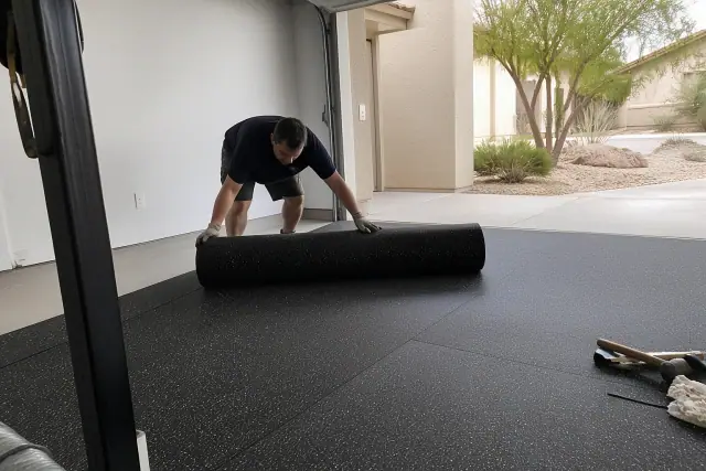 A worker unrolls recycled rubber flooring over a concrete garage floor at a jobsite in Phoenix, AZ.