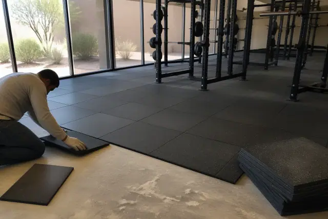 Technician installing rubber floor tiles in a fitness center weight room in Phoenix, AZ.