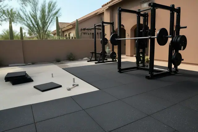 Technician installing heavy-duty rubber floor tiles in a home gym in Peoria, AZ.